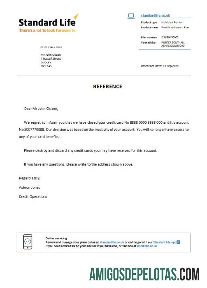 Referência de encerramento de vida padrão do Reino Unido exemplo